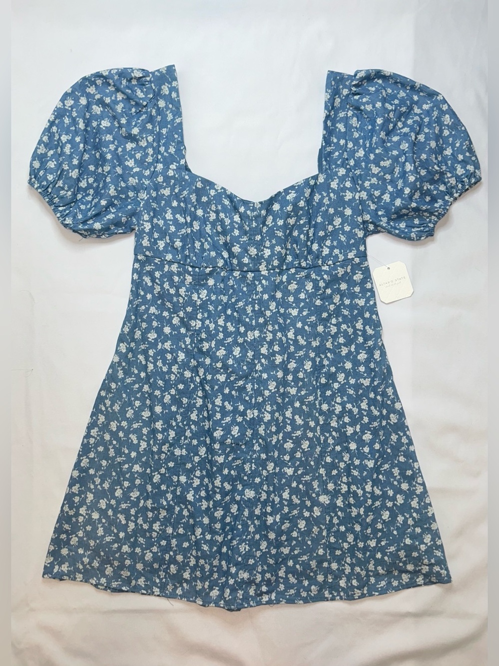 Altar’d State Blue Floral Puff Sleeve Mini Dress L Boho Coquette Cottagecore